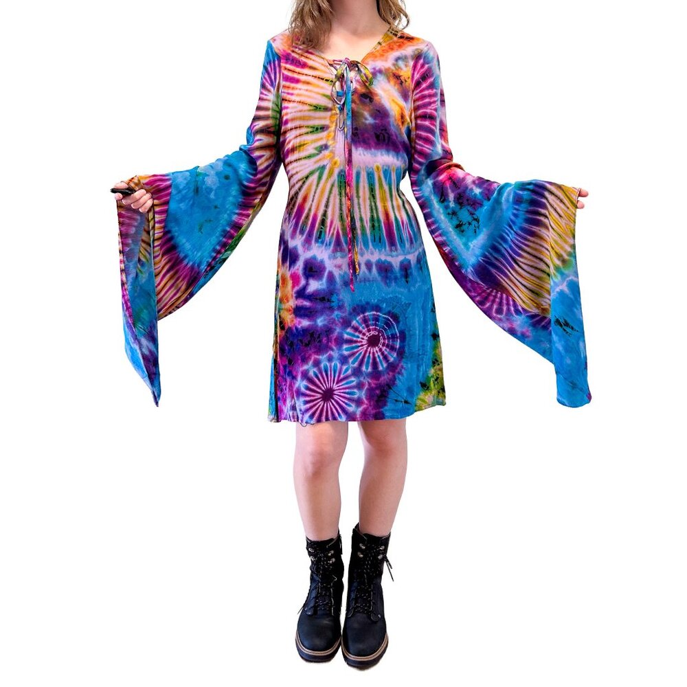Tie Dye Hippie Wook Festival Bell Sleeve Psychedelic Priestess Mini Dress